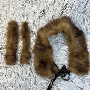 Vintage Genuine Fur Collar & Cuffs Set Winter Handmade Mid Century Satin Lined